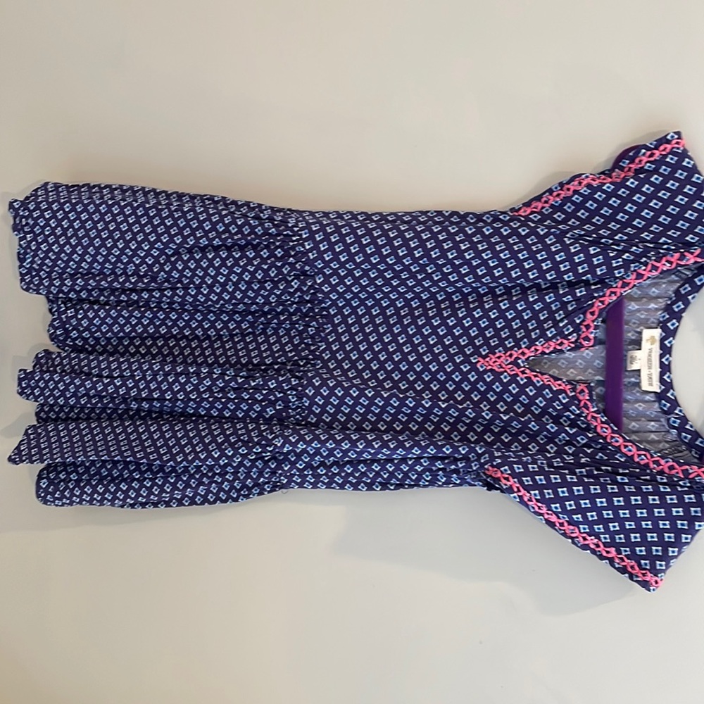 Blue and white dress with pink trim